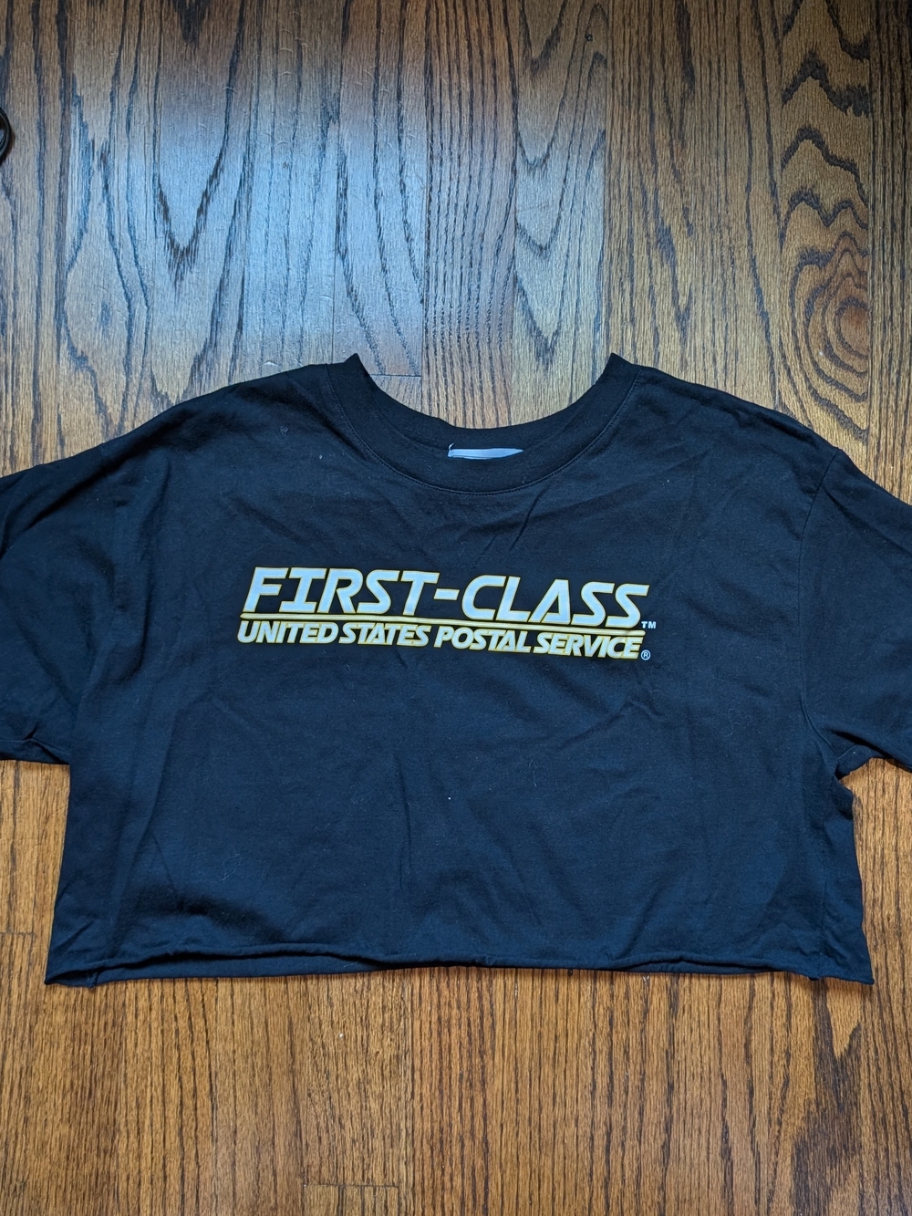 Forever 21 X USPS Black Crop Tee with Gold USPS "FIRST-CLASS" Graphic